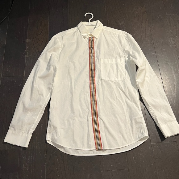 BURBERRY mens white icon stripe placket stretch cotton poplin shirt MEDIUM - Picture 1 of 10